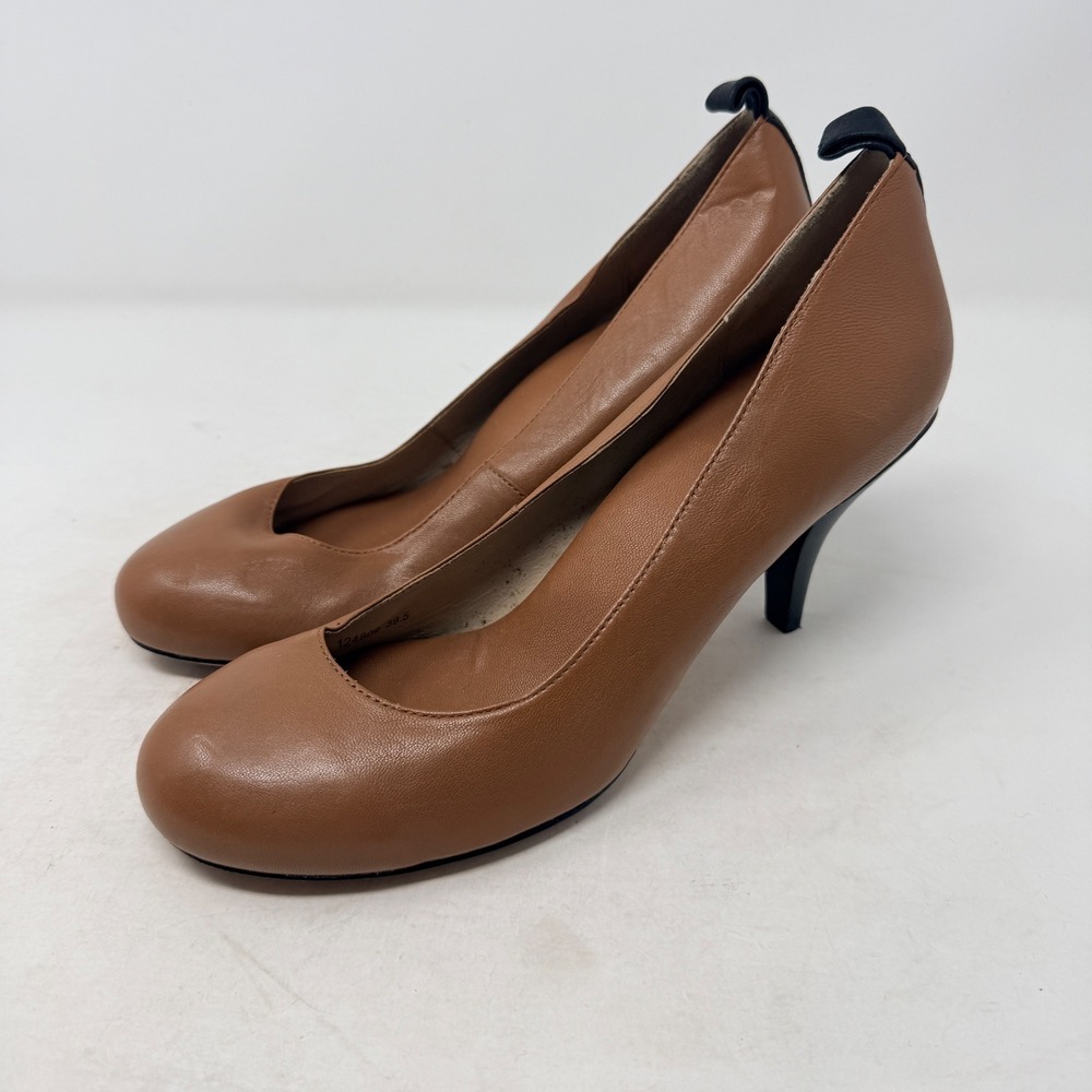 Ask Alice Brown Leather Almond Toe Pumps 38.5 Quiet Luxury Minimalist Timeless